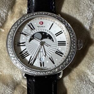 Michele Silver Moon Phase Diamond Bezel Watch with Black Strap